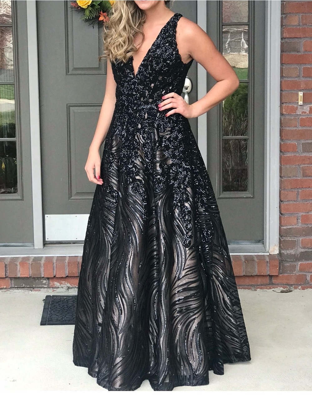 JVN by Jovani Black Beaded V-Neck Prom Gown